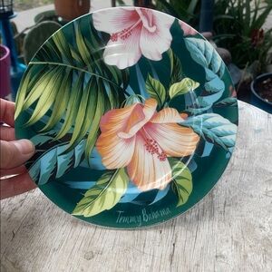 Tommy Bahama Hibiscus Dessert Plate - Green and Orange pink
